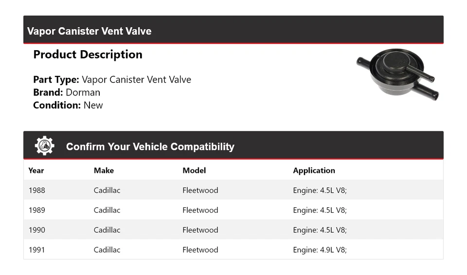 For 1988-1991 Cadillac Fleetwood Dorman Vapor Canister Vent Valve 1989 1990 - Image 2 of 4