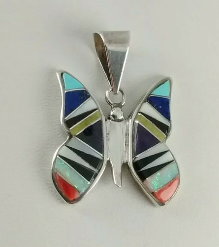 Vintage Navajo Calvin Begay Sterling Silver Multi-stone Inlay Butterfly Pendant - Picture 7 of 9