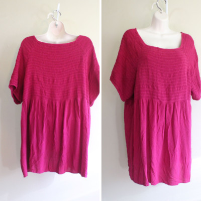 Ulla Popken Tunic Shirt 20 22 1X 2X Magenta Smocked Bodice Rayon Inset SS