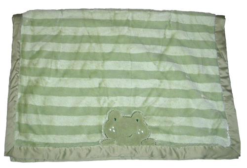Carters Green Stripe Frog Baby Blanket Plush Furry Satin Back Trim 30x40" EUC