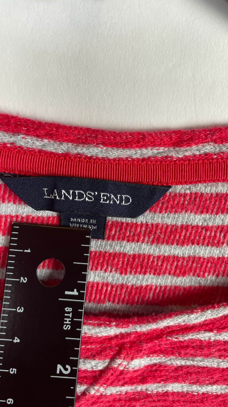 Lands End Womens Sweat Shirt Round Neck Long Sleeve Striped Red Gray