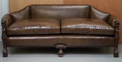 SUBLIME FULLY RESTORED REGENCY 1810 SOFA BROWN LEATHER CARVED HERMS STATUE FRAME - Picture 3 of 12