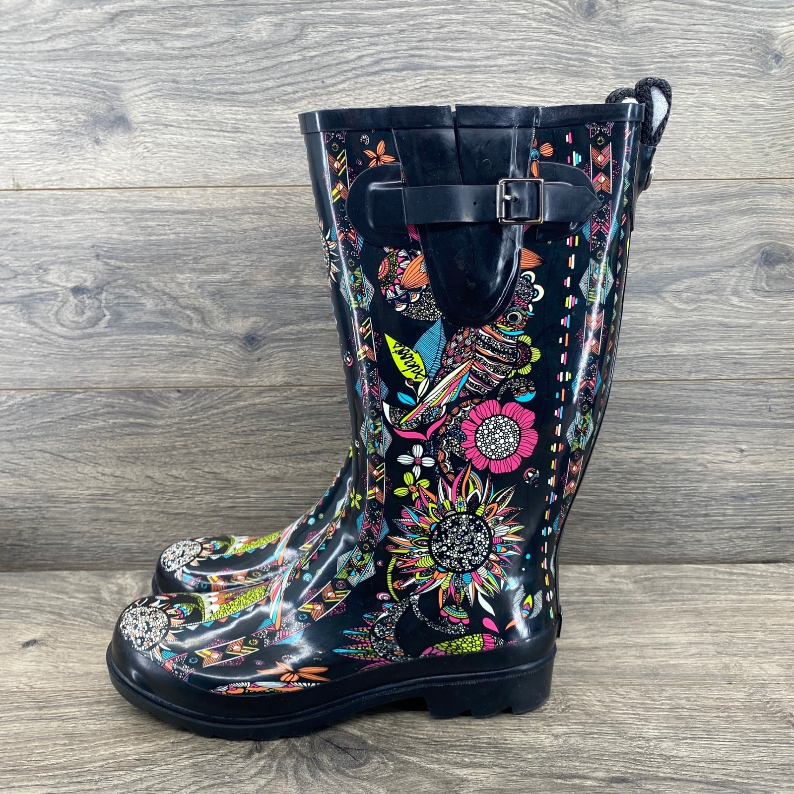 Sakroots Rain Boots Womens Size 9 Black Multi-Color Floral Geometric Waterproof-image