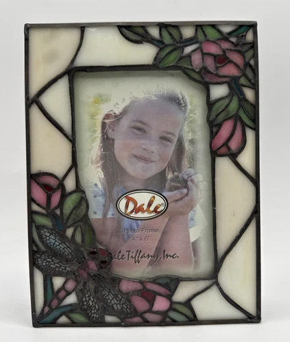 Vintage Dale Tiffany Stained Glass Picture Frame Dragonfly Roses 4x6 Photo
