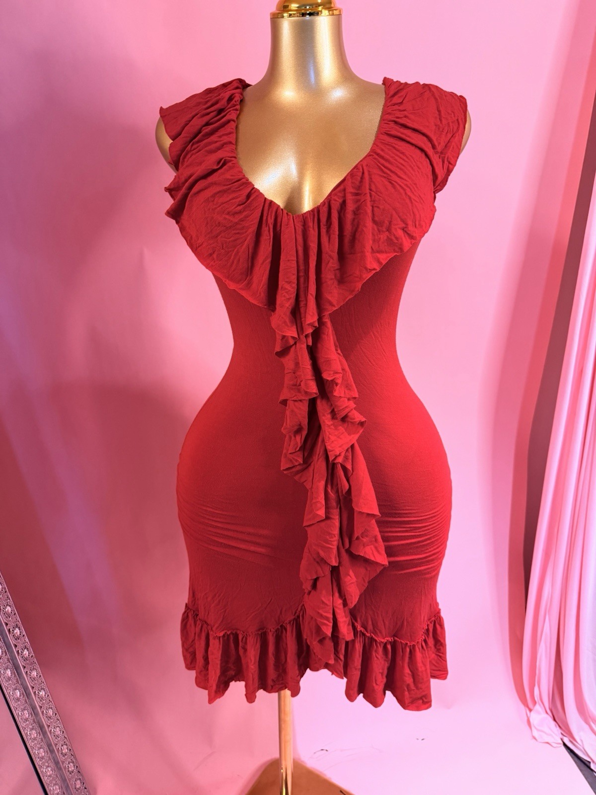 Velvet Elegant Red Ruffled Dress