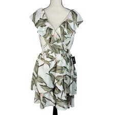 Express Mini Dress Floral Leaf Print V-Neck Ruffled Lined Smocked Multi NWOT