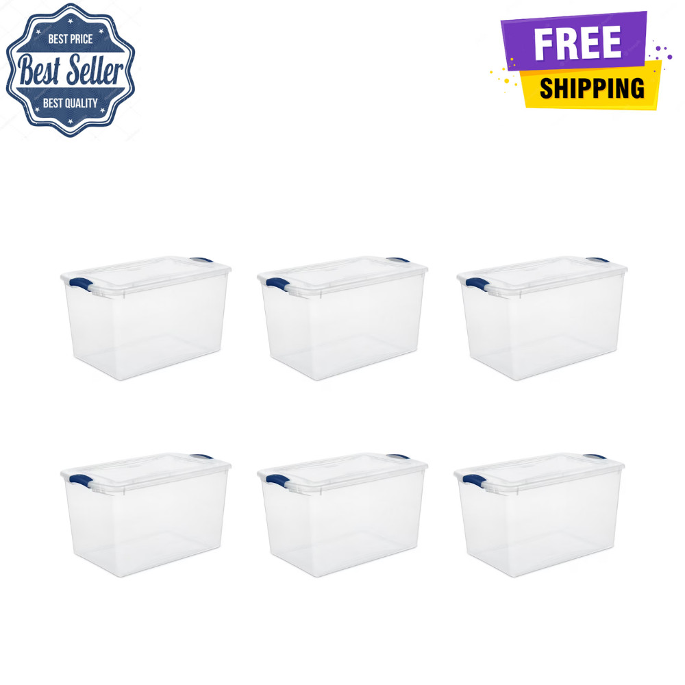 (6 pack) Sterilite Large Storage Bin, 66 Quart Clear Plastic