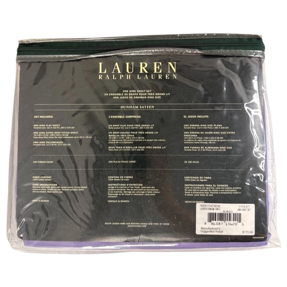 Ralph Lauren KING Sheet Set Dunham Violet 4 pc Sateen Extra Deep 300 Sealed New - Image 3 of 4