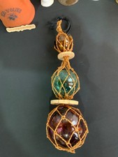 3 Fishing Boat Net Blown Glass Floats In Rope purple green & amber Ball Nautical