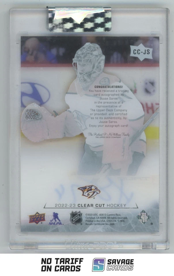 2022-23 Upper Deck Clear Cut Exclusives Auto Juuse Saros /65 . #CC-JS Nashville - Image 2 of 3
