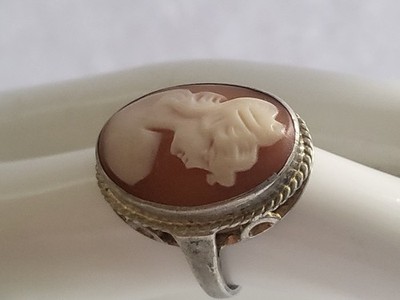 Antiker Gemmenring 800 Silber Muschelgemme Kamee Cameo Frauenbüste Vintage 