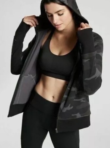ATHLETA Triumph Printed Camo Full Zip Hoodie Jacket Size Medium M Black Gray - Picture 2 of 9