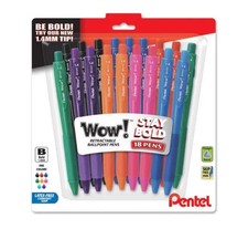 Pentel Wow Retractable Ballpoint Pen, 1.4mm Bold Line, Assorted Ink, 18-Pk
