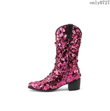 Women's Sequins Shiny Dance Ankle Boots Mid Calf Mid Block Heel Casual Shoes nEW