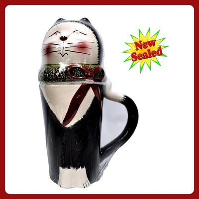Oneida Christmas Cats Tuxedo Feline Wreath Lidded Earthenware Mug Sealed VTG