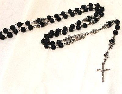 Handmade Catholic Rosary Black Natural Lava Stone Silver Decorative Detail 26.5''