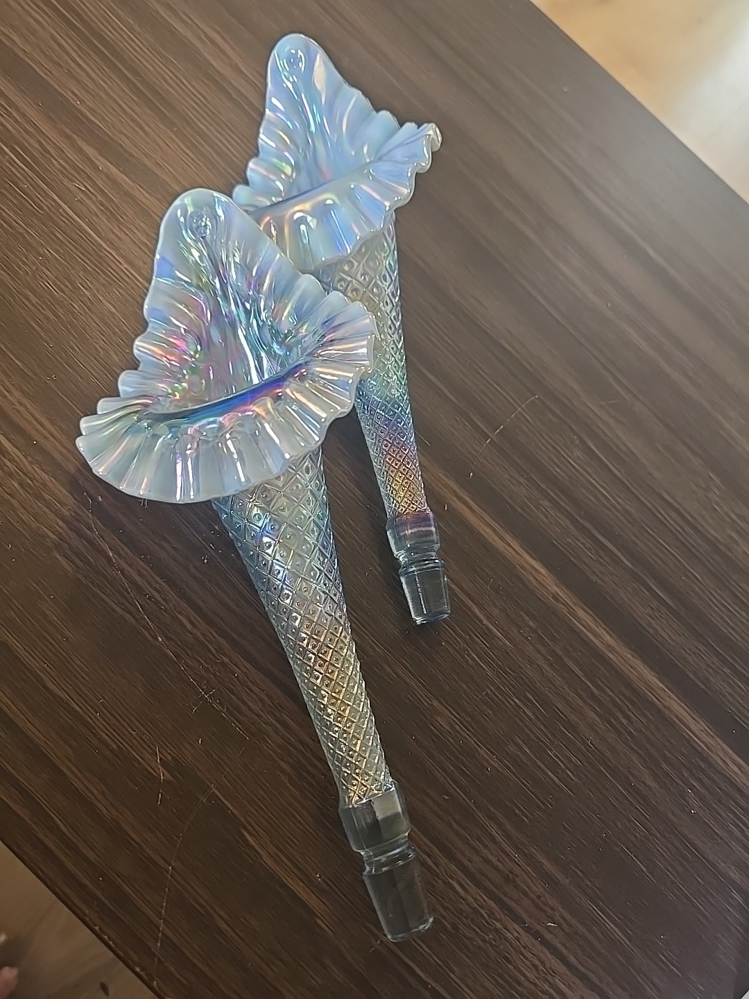 Fenton Glass  Iridescent Blue Diamond Hobnail 1 Replacement Horn Epergne Two