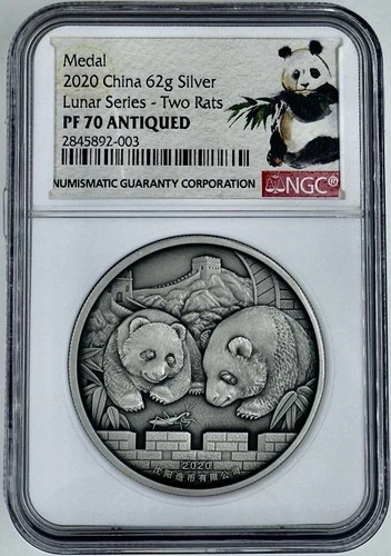 2020 China Lunar Series Two Rats 62g PANDA Silver Medal NGC PF70 Antiqued LowPop