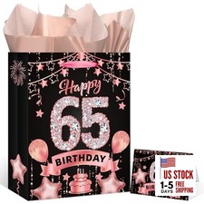 Rose Gold 65th Birthday Gift Bag with 65th Birthday Greeting Card and Tissue