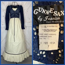 70's Vintage Gunne Sax Black Label Blue Ivory Corset Prairie Hippie Maxi Dress