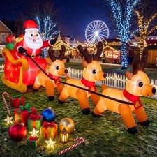 10FT Christmas Inflatable Santa Claus on Sleigh with 3 Reindeer, Giant Christmas