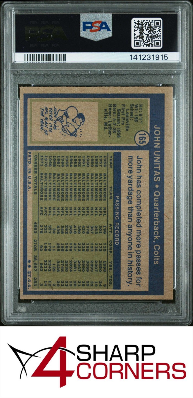 1972 TOPPS #165 JOHN JOHNNY UNITAS COLTS HOF PSA 4 view 2