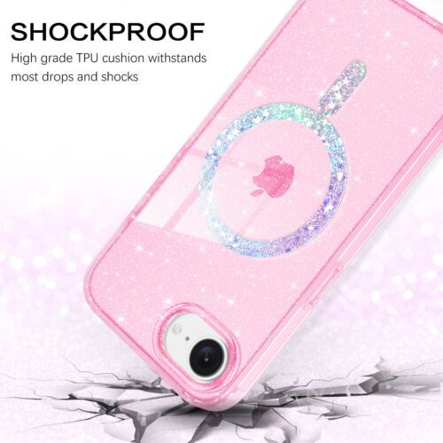 For iPhone 16e/SE 4(2025) Shockproof Case Magnetic Clear Crystal Glitter Cover - Photo 3 sur 17