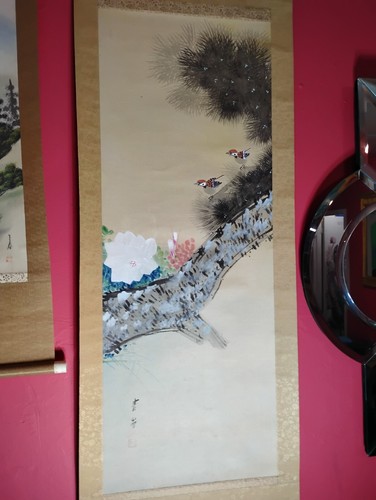 Vintage Japanese Sparrows In Pine Tree Hanging Scroll Painting Signed