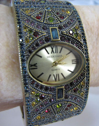 Heidi Daus Crystal Hinged Cuff Bracelet Watch Multicolor Stones As Is