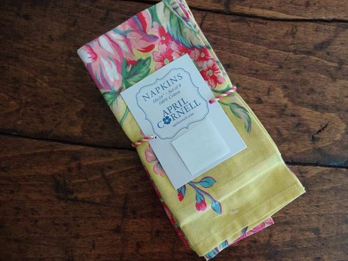 APRIL CORNELL Vivian PINK Green YELLOW FLORAL Cotton NAPKINS 8PC