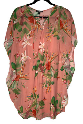 Express Floral Tunic Lined Blouse Small Tropical Boho Tie Neck Flowy Top V Neck