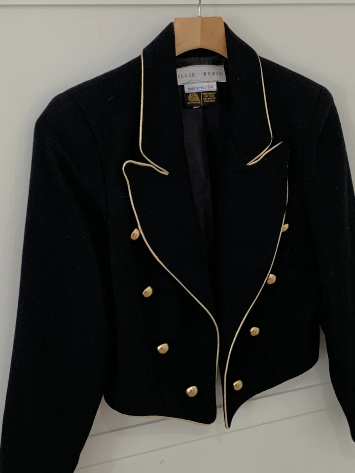 Chaqueta Pantalón Traje Vintage Lillie Rubí Crepé 100% Lana Talla 8 Botones Borde Dorado Usado en Excelente Condición Foto 4 de 4