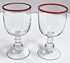 Set of 2 Goblets Clear Red Rim Water Thicker Drinking Glasses 6.5" Drinkware