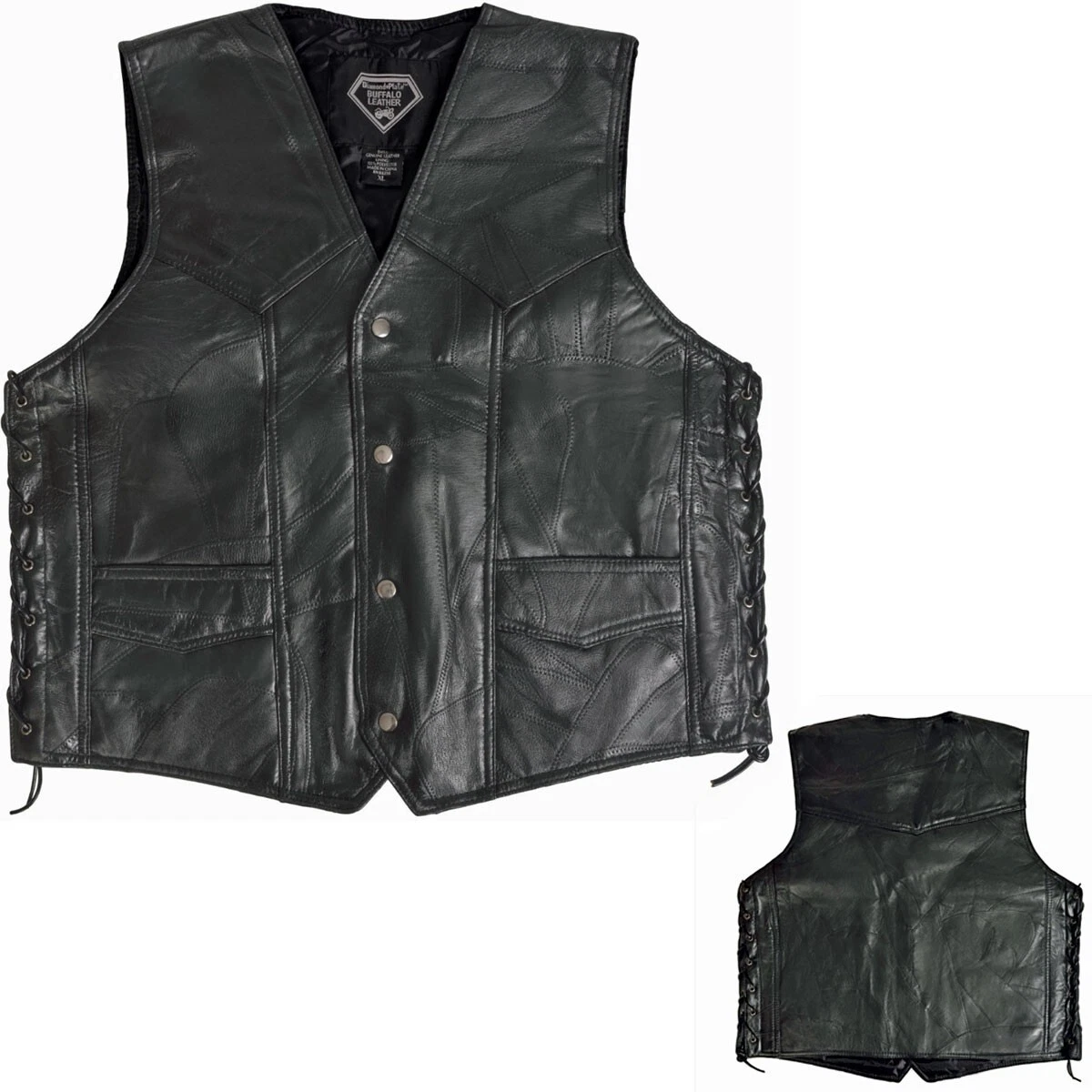 Genuine Leather Vest Mens Biker Motorcycle Riding Side Lacing Solid Black Large