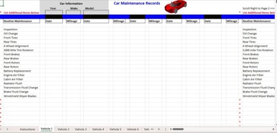 Car Maintenance Tracker Excel Spreadsheet, for PC or Android +FREE Checkbook Reg