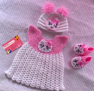 1 - 12 Months | Baby Girl Crochet kitty Dress Set | with Hat & Booties
