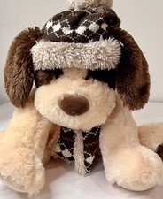 HugFun Soft Winter Dog 18  Brown Plush W/ Brown Hat  Scarf Kidcore Puppy Love