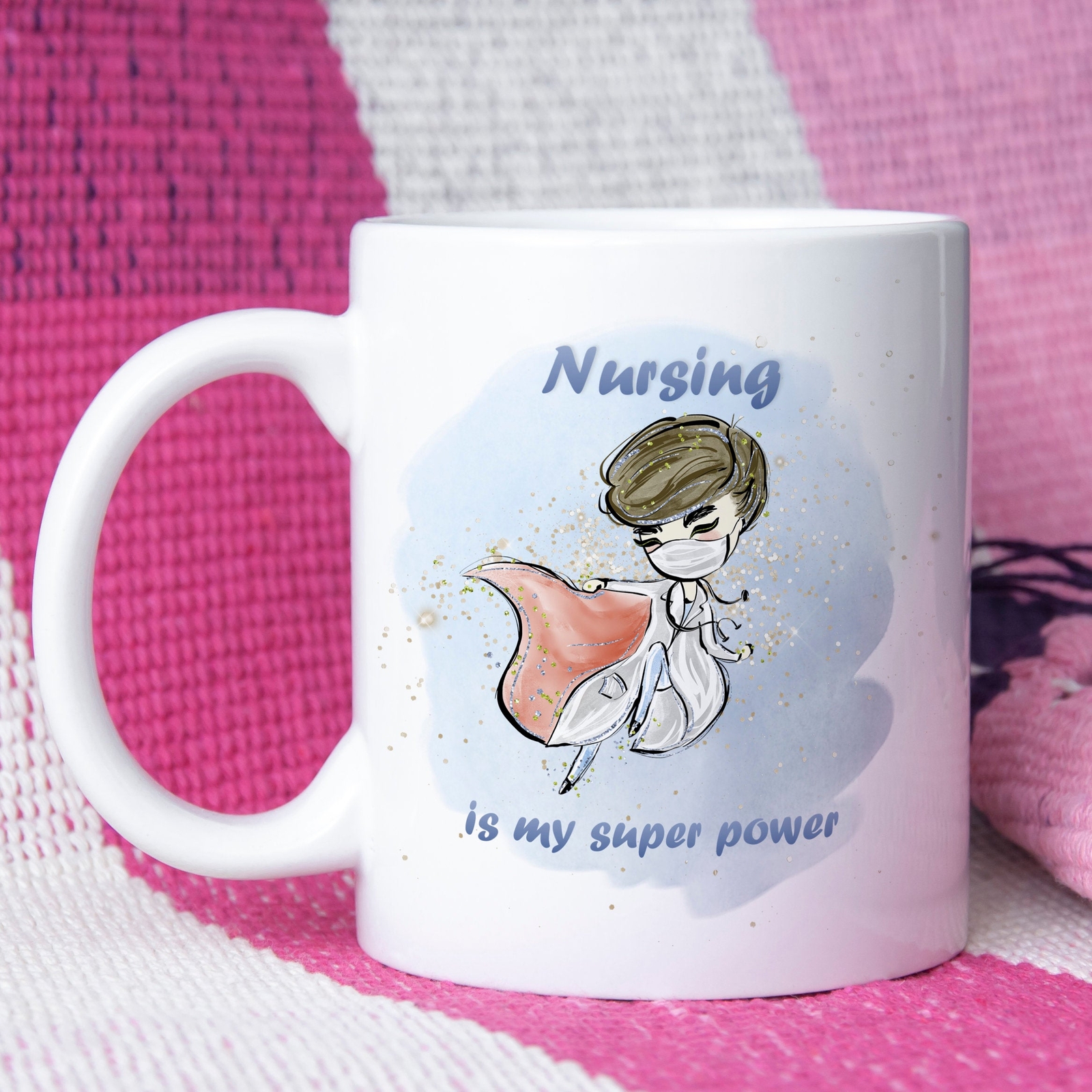 Nursing Superhero Mug - White Coffee Cup for Nurses with My Super Power Is Nursing Design  -image