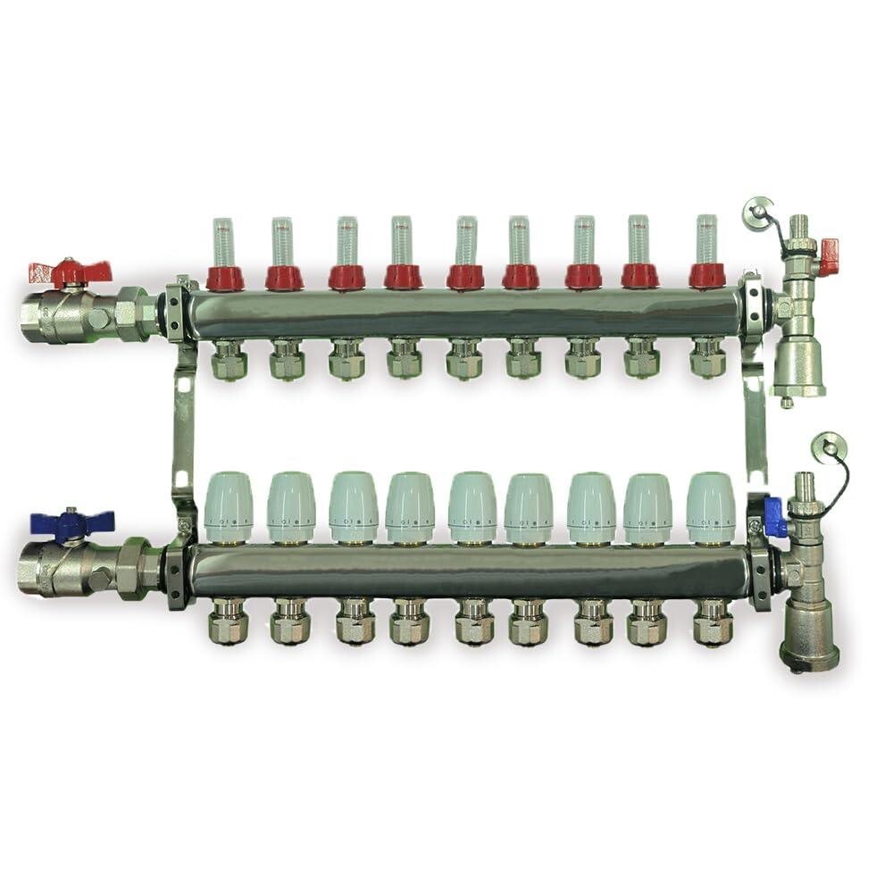 9 Loop Radiant PEX Plumbing Manifold - 1" 304 Stainless Steel Floor Heating