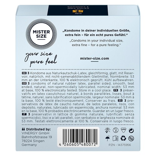 Mister Size 53mm Your Size 3 Pack Pure Feel Non-Spermicide Lubricated Condoms - Picture 2 of 2