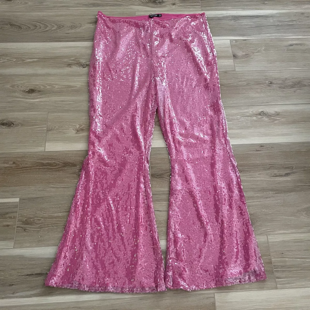 Nasty Gal Plus Size Pink Sequin Kick Flared Pants 18 NEW