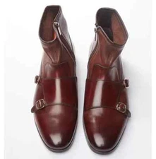 New Handmade Burgundy Leather Formal Ankle Zipper + Buckle Boots For Mens