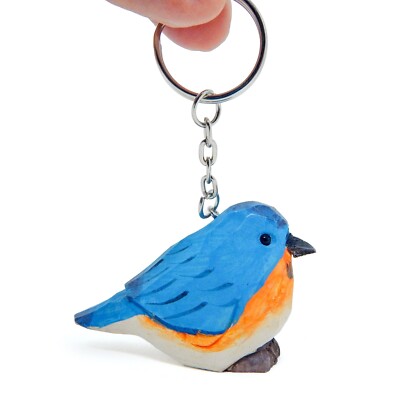 Eastern Bluebird Keychain Ring Hook Clip Bird Charm Miniature Wood Mini Figurine