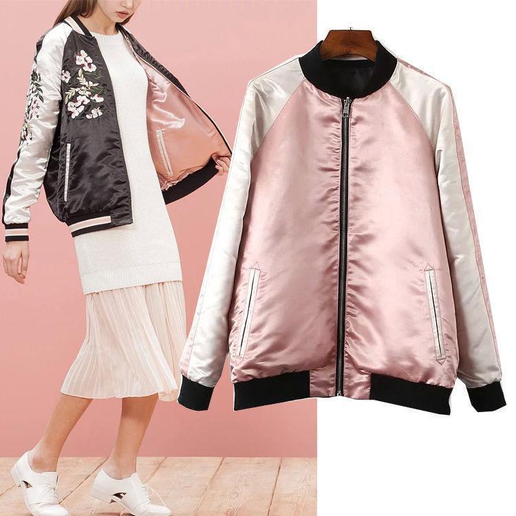 新品 over ribbon jacket Chic Reversible Women Embroidered Bomber Jacket Baseball Floral