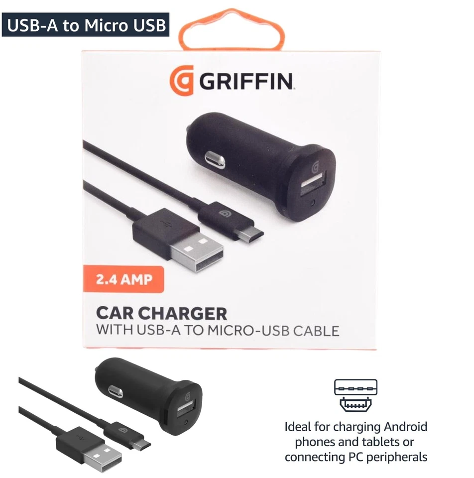 Griffin Car Charger 2.4 Amp Usb-a to Micro-usb Cable