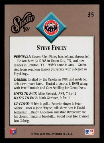 1992 Studio Steve Finley #35 Houston Astros Baseball Card - Picture 2 of 2