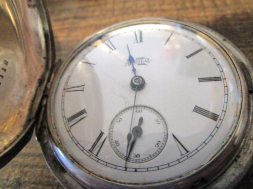 Aurora Watch Co. 18s 7j Coin silver Hunting case pocket watch, working condition