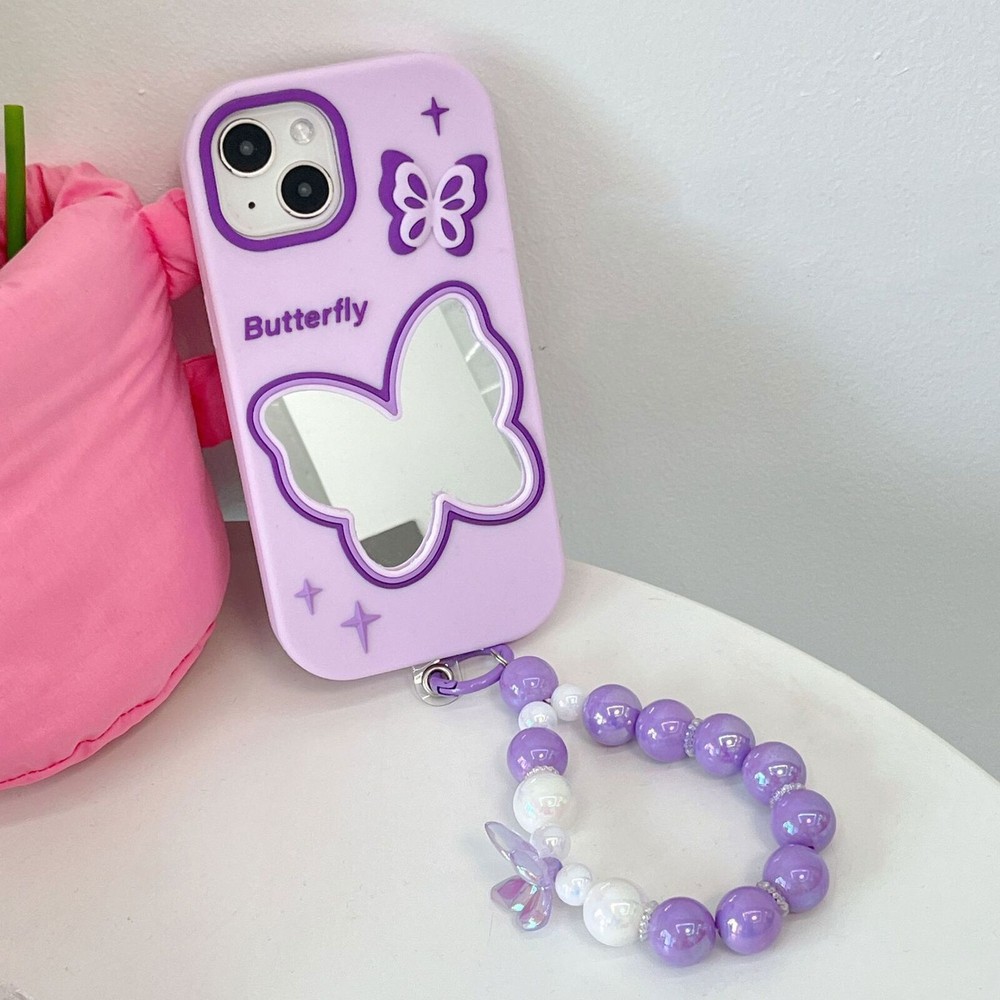 Cute Purple Butterfly Mirror Case with Chain for iPhone 15 14 13 12 11  