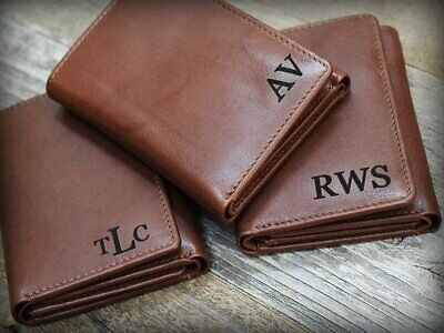 Leather Wallet Personalized Engraved Mens Trifold RFID Men Gift Black Toffee