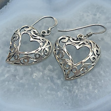 Vintage Sterling Silver Heart Hook Drop Dangle Earrings Scroll Openwork Signed M